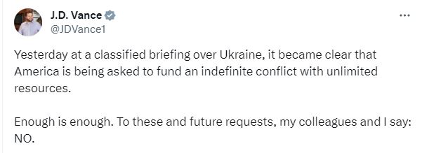 On Sept 21, 2023 Senator from Ohio J.D.Vance twitted thius and composed a letter denying aid to Ukraine. 28 Congressmen co-signed a letter.